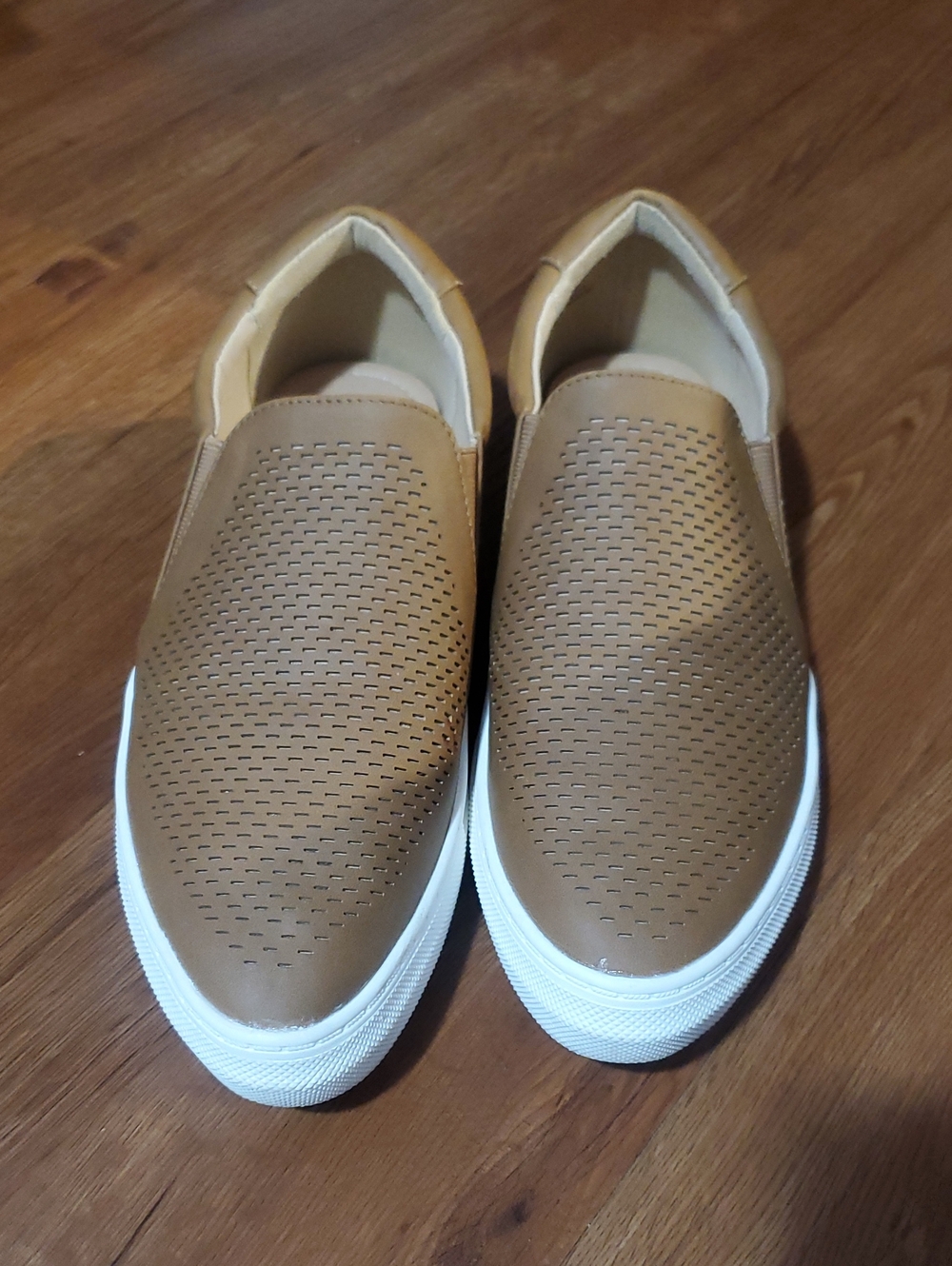 Journee Collection Perforated Slip-On Loafers in Tan with White Sole